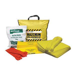 40L Hazchem Spill Kit featuring gloves, a bag, and additional protective gear for handling hazardous waste safely.