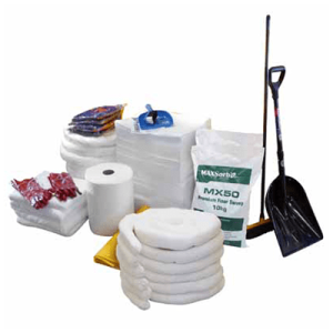 A shovel, a bag, and various items from a 770L Oil & Fuel refill kit and spill kit are displayed together.