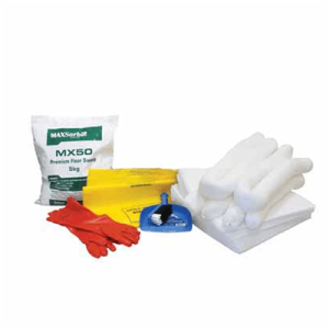 A bag containing gloves and a refill kit for an 80L oil and fuel spill kit.