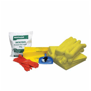 Yellow 80L Hazchem spill kit with gloves and a yellow bag for hazardous material cleanup.