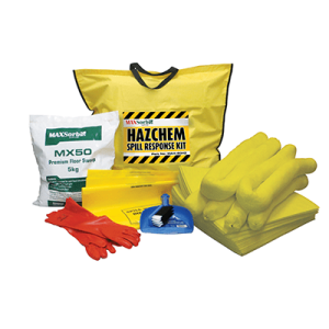 Hazardous materials kit containing gloves, a bag, and an 80L Hazchem spill kit for safe spill management.