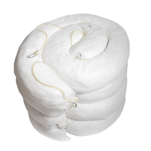 A white towel wrapped around a white pillow, part of a Marine Boom with Snap Hook Spillkit.