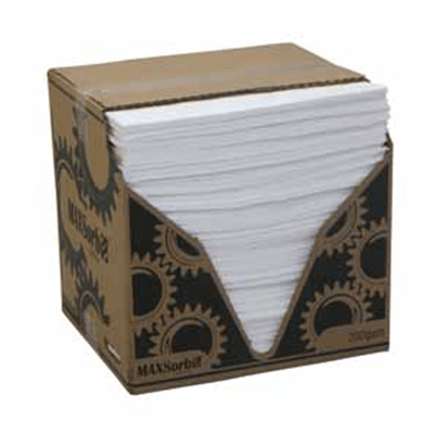 Box of 200GSM oil and fuel absorbent pads, white, designed for spill cleanup and containment