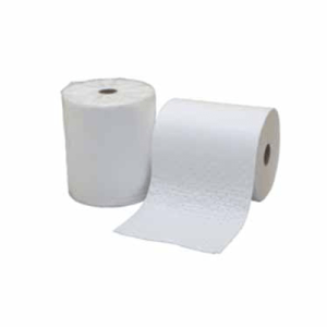 Two rolls of white oil and fuel absorbent paper on a white background, designed for spill kits.