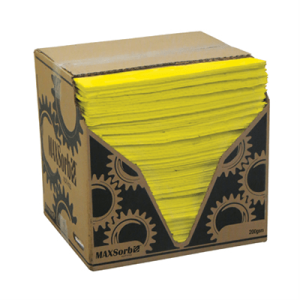 A box of yellow Hazchem absorbent pads on a matching yellow background, labeled 200gsm, pack of 200.