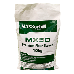 Floor sweep absorbent MaxSorb MX50, ideal for quick and effective cleanup of spills on different floor types.