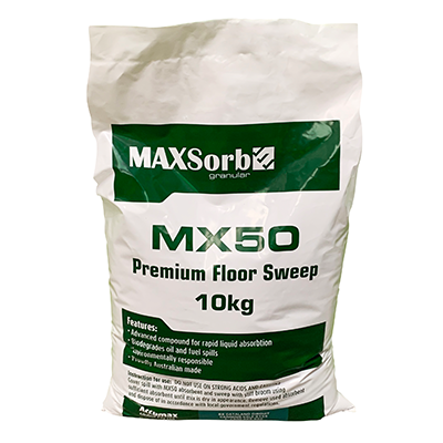 Floor sweep absorbent MaxSorb MX50, ideal for quick and effective cleanup of spills on different floor types.