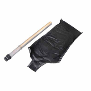 A black bag containing a wooden stick and a black plastic bag, labeled as Bund Filter Replacement Bag, Spillkit.